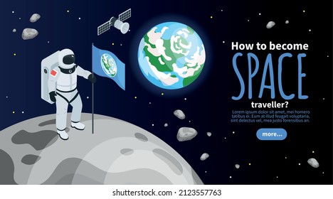 Space traveller horizontal banner with astronaut in spacesuit planting flag with earth image on surface of moon isometric vector illustration