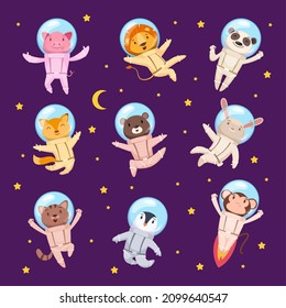 Space travellers animals. Universe with cute animals astronauts in professional jumpsuit and helmets funny cartoon dogs cats foxes bears exact vector pictures