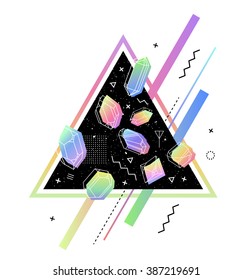 Space Triangle with crystals inside petrol color. memphis style for hipsters. Geometry composition build, fabrics, T-shirts, greeting cards, 80.