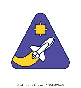 space triangular badge with spaceship flying line and fill style vector illustration design