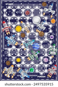 Space trip. Board game on the space theme. On a dark background. Vector illustration.