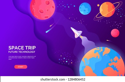 Space trip from the Earth to Mars and other planets vector flat template illustration