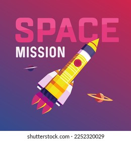 Weltraumfahrt. Weltraumforschung. Die Rakete im All fliegen. Vektorgrafik.