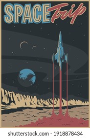 Space Trip Illustration Retro Sci Fi Books, Comic Book Covers Stylization, Space Rocket and Alien Planet Landscape