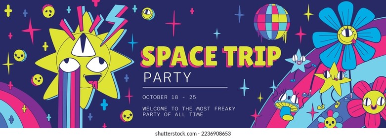 Space trip party invitation flyer in Y2k retro style with trippy psychedelic characters flowers, stars, mushrooms on rainbow. Surreal vector trendy invite card for night club amusement entertainment