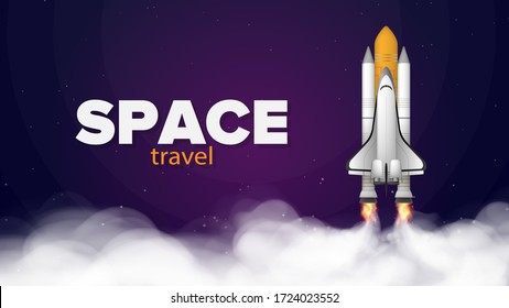 Space trip. Purple banner on the theme of space flight. Space shuttle. Fighter. Rocket Carrier is taking off. Vector.