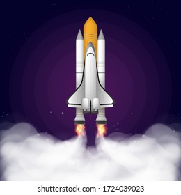 Space Trip. Purple Banner On The Theme Of Space Flight. Space Shuttle. Fighter. Rocket Carrier Is Taking Off. Vector.