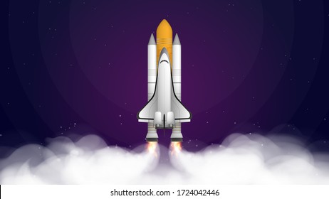 Space trip. Purple banner on the theme of space flight. Space shuttle. Fighter. Rocket Carrier is taking off. Vector.
