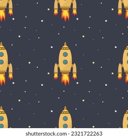 Space trip. Seamless pattern on the theme of space flight. Space shuttle, texture wallpaper template. Business startup launching concept. Cartoon rocket flying in cosmos. flat vector illustration