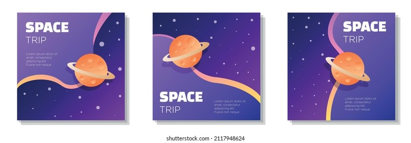 Space trip social media post, square banner set, futuristic cosmic travel advertisement concept, planetary trip marketing ad, abstract print, isolated on background.
