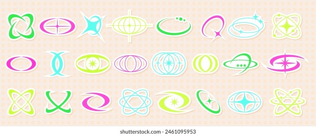 Space trippy aesthetic earth shape sticker set, geometric trendy 90s world globe graphic, futuristic psychedelic y2k atom sign collection, retro groovy star figure set, modern rave element vector,