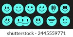 Space trippy smiley face 90s aesthetic set, vintage blue neon y2k smile symbol design, modern techno cute avatar sign graphic, psychedelic groovy emoji shape set, geometric trendy figure collection,