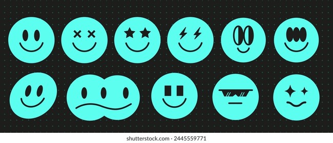 Space trippy smiley face 90s aesthetic set, vintage blue neon y2k smile symbol design, modern techno cute avatar sign graphic, psychedelic groovy emoji shape set, geometric trendy figure collection,