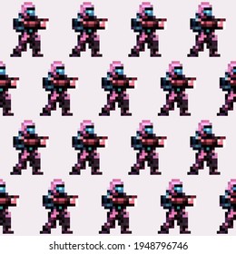 Space Trooper 2D Game Person Pattern. Seamless Wallpaper Space Trooper. Vector.