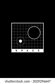 Space t-shirt and apparel design. Grid with space objects, Black Hole and planet with orbit, and title SPACE. Black and white print. Vector illustration.