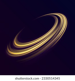 Túnel espacial. Efecto de luz de línea círculo vectorial dorado. Resumen de líneas de movimiento y velocidad de brillo. Seguimiento de un anillo de fuego. Efecto de traza giratoria de brillo mágico brillante. Línea ondulante ondulante de onda.