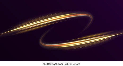 Space tunnel. Line light effect golden vector circle. Abstract glitter lines of movement and speed. Trace of a fiery ring. Glitter magic glitter swirl trail effect. Neon motion glowing wavy line.