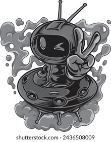 Space TV Robot Characters Black and White Illustration