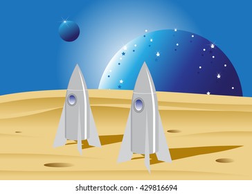 space. Two space rockets in the desert and blue planets