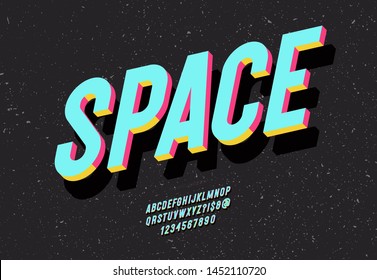 Space typeface 3d bold colorful style. Alphabet cool colorful trend style. Font modern typography for t shirt, animation, printing, decoration, video, poster, book. Vector 10 eps