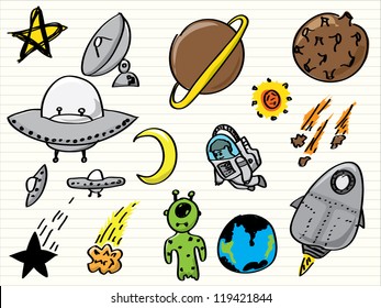 Space (UFO and aliens) doodles set