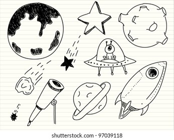 Space (UFO and aliens) doodles set