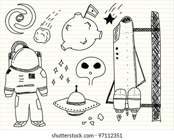 Space (UFO and aliens) doodles set