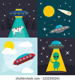 Space UFO banner set. Flat illustration of space UFO vector banner set for web design