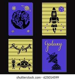 Space, ufo cards set. Spaceship, rocket, stars, planet, alien,  hand drawn isolated. Handwritten text