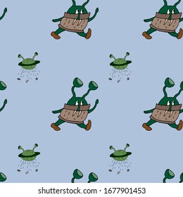 Space UFO cartoon vector hand drawn seamless pattern. Friendly cute alien and UFO spaceship. Great design for wrapping paper, wallpaper, flyers and textiles.