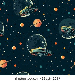 Space UFO colorful seamless pattern with flying saucers across galaxy for decoration books and ads in sci-fi style vector illustration