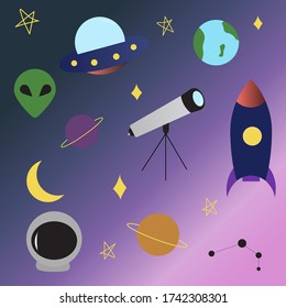 Space  UFO elements set rocket, alien, planets, earth, telescope, UFO, constellation, stars, moon, spaceship. Flat cartoon style. Vector illustration on gradient space background.