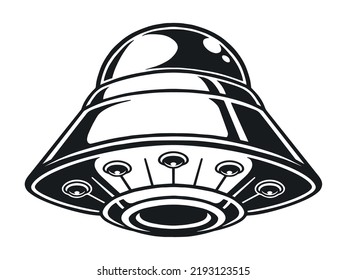 Space UFO logotype monochrome vintage from another galaxy futuristic flying transport of Martian invaders or galactic aliens vector illustration