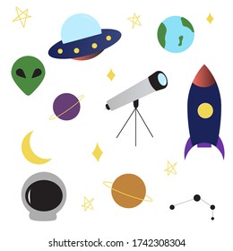 Space UFO objects set rocket, alien, planets, earth, telescope, constellation, stars, moon, spaceship. Flat cartoon style. Vector isolated illustration.