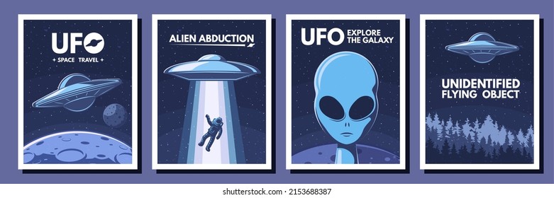 Space UFO posters. Retro alien, flying object and space travel vector Illustration set. Spaceship abducting astronaut in costume. Futuristic alien shuttle exploring outer space among stars and moon