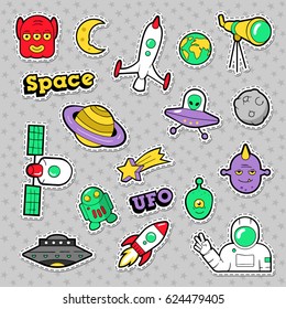 Space, UFO, Robots and Funny Aliens Badges, Stickers and Patches. Vector illustration