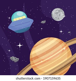 Space ufo saturn and moon of universe cosmos and futuristic theme Vector illustration