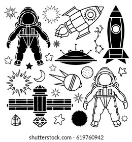 Space, ufo set. Space ship, rocket, stars, planets, comet, space suit, flying saucer, satellite, constellation, space station, sun, moon, earth hand drawn isolated on white background  