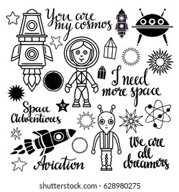 Space, ufo set. Space ship, rocket, stars, alien, planets, cosmonaut, comet, flying saucer, satellite hand drawn isolated on white background. Hand written font, lettering