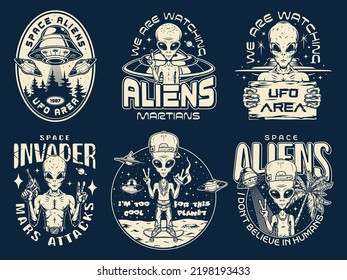 Space UFO set stickers monochrome vintage with unidentified flying objects and fantastic humanoids from alien planet solar system vector illustration
