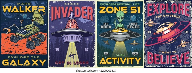 Space UFO set vintage flyers colorful with flying saucers and mars walker exploring planet in search of aliens vector illustration