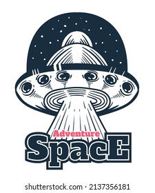 Space ufo ship badge isolated on white background design element