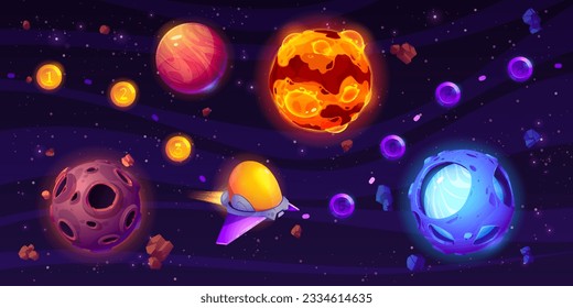 Space ui game level map with planet vector screen background. 2d solar alien spaceship in fantasy universe landscape arcade videogame. Mobile app user progress interface design. Cosmos adventure trip