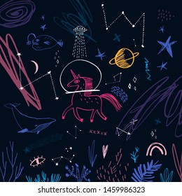 Space underwater scene with unicorn, whale, Moon and stars. Doodle childish vector illustration