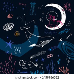 Space underwater scene with unicorn, whale, Moon and stars. Doodle childish vector illustration