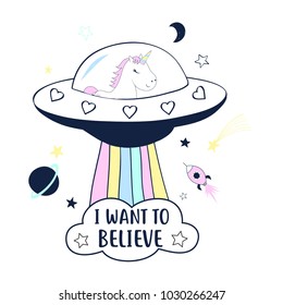 Space and unicorn, hand drawing illustration vector.