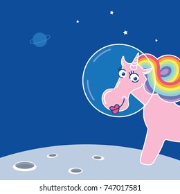 Space  unicorn magic  astronaut. Animal isolated on white. Pink vector cute cartoon pony  with rainbow mane and horn  on blue space background.