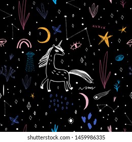 Space and unicorn pattern, hand drawing doodle childish vector illustration