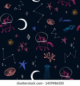 Space and unicorn pattern, hand drawing doodle childish vector illustration