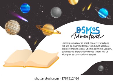 Weltraumuniversum Abenteuerkonzept, Vektorgrafik. Cartoon flache Fantasy Galaxie Weltraum virtuelle Welt mit Planeten Satelliten Komet Meteor oder Stern, Entdecker Abenteurer Weltraumspaziergang auf Kosmos-Banner